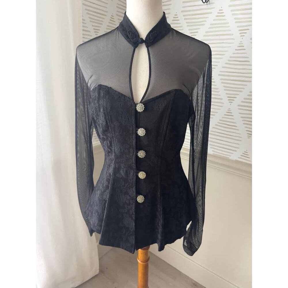 Vintage 90s Sally USA Medium Black Sheer Peplum Button Up Sweetheart Blouse Top
